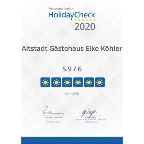 HolidayCheck-Auszeichnung 2020 - Pension Köhler Dresden