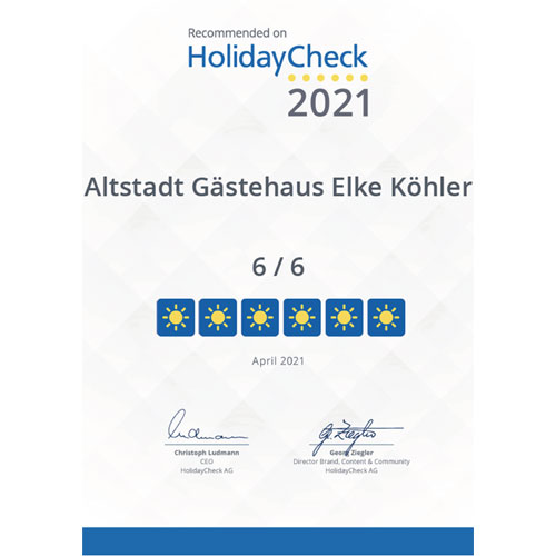 HolidayCheck-Auszeichnung 2021 - Pension Köhler Dresden