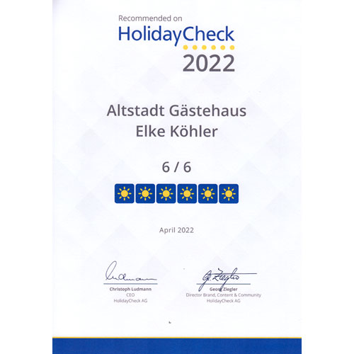 HolidayCheck-Auszeichnung 2022 - Pension Köhler Dresden