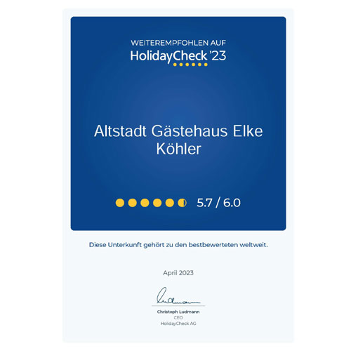 HolidayCheck-Auszeichnung 2023 - Pension Köhler Dresden