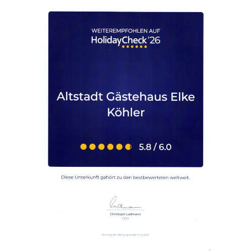 HolidayCheck-Auszeichnung 2026 - Pension Köhler Dresden